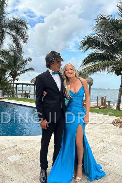 DingJiDress Charming Mermaid V Neck Spaghetti Strap Satin Backless Side Fork Sexy Prom Dress