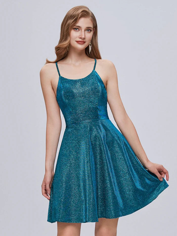 Shinning Spaghetti Strap A Line Backless Lace Up Homecoming Dresses