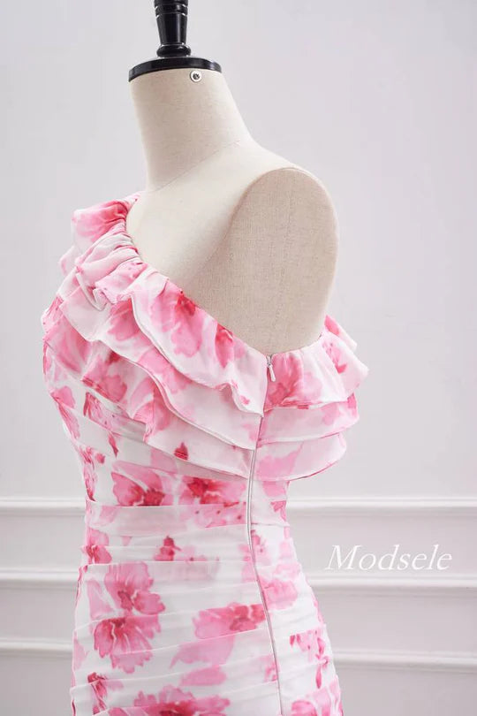 Pink Floral Print One Shoulder Tight Ruffle Homecoming Dress