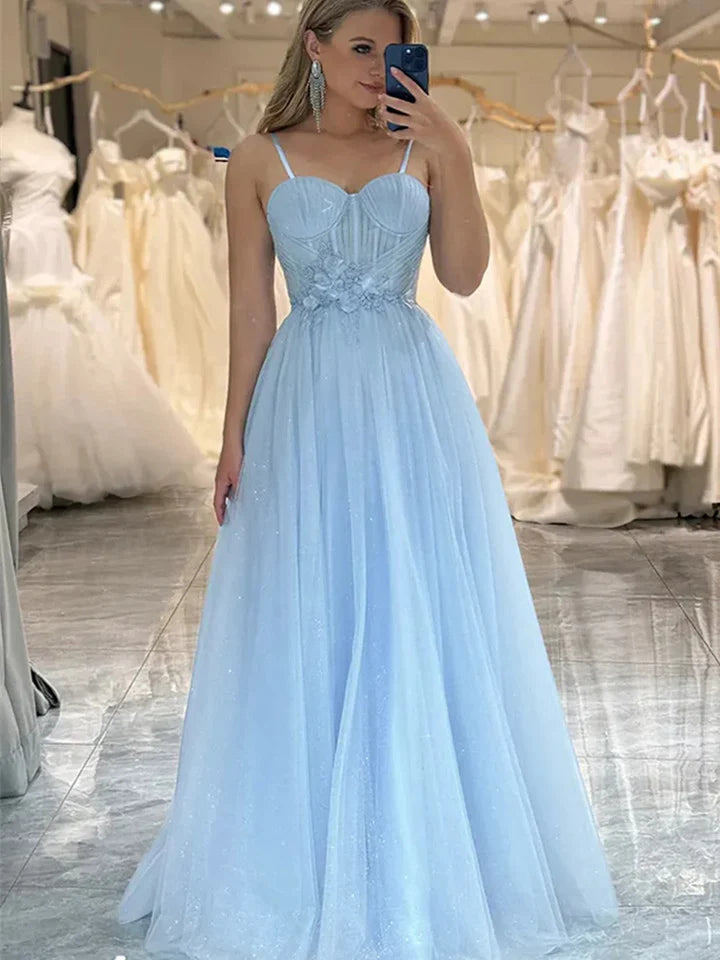 Light blue A-line long sheer party dress, ball dress
