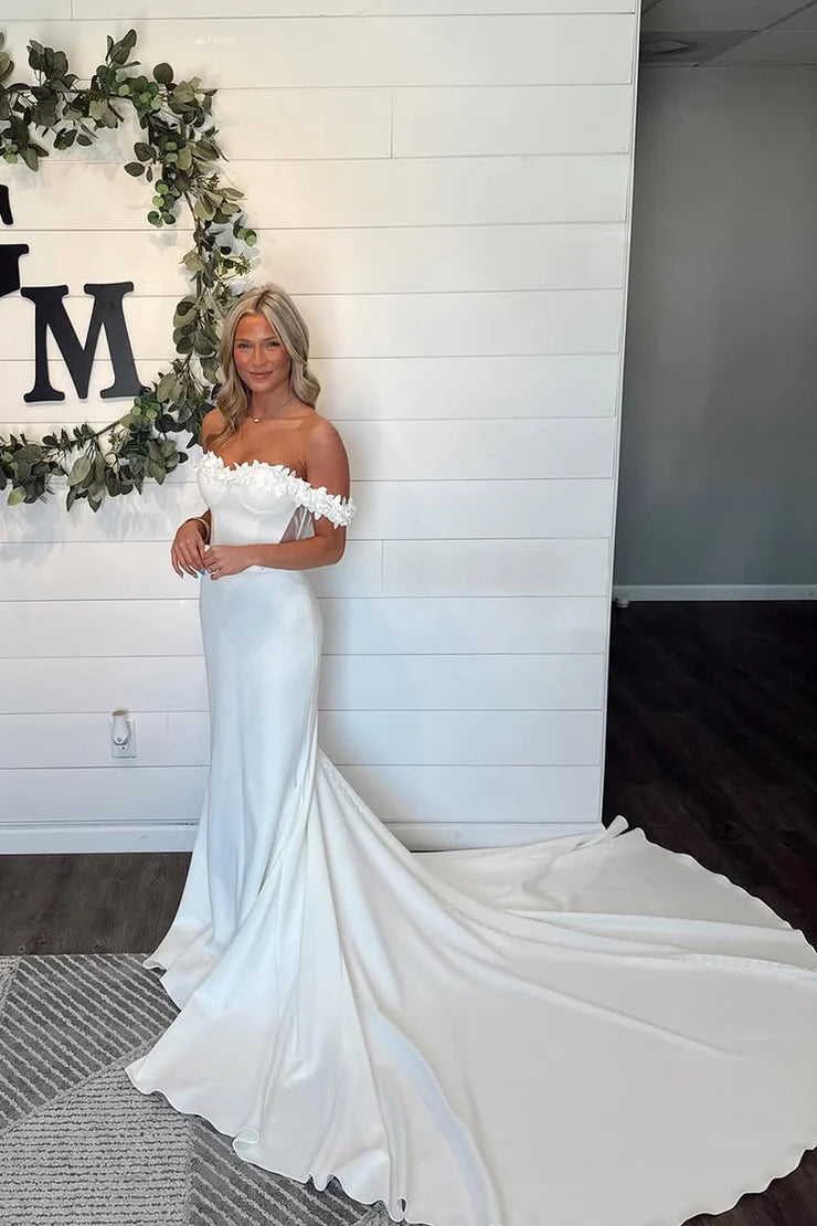 Mermaid Off the Shoulder White Satin Wedding Dresses with Train