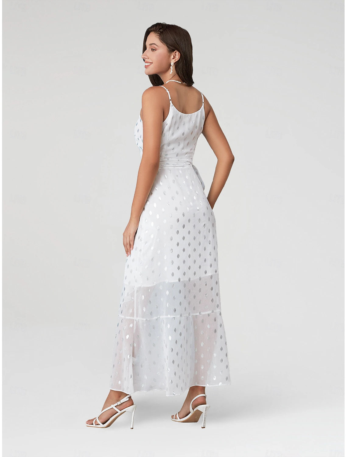 Women's Chiffon White Dress Polka Dot Spaghetti Strap Maxi Dress