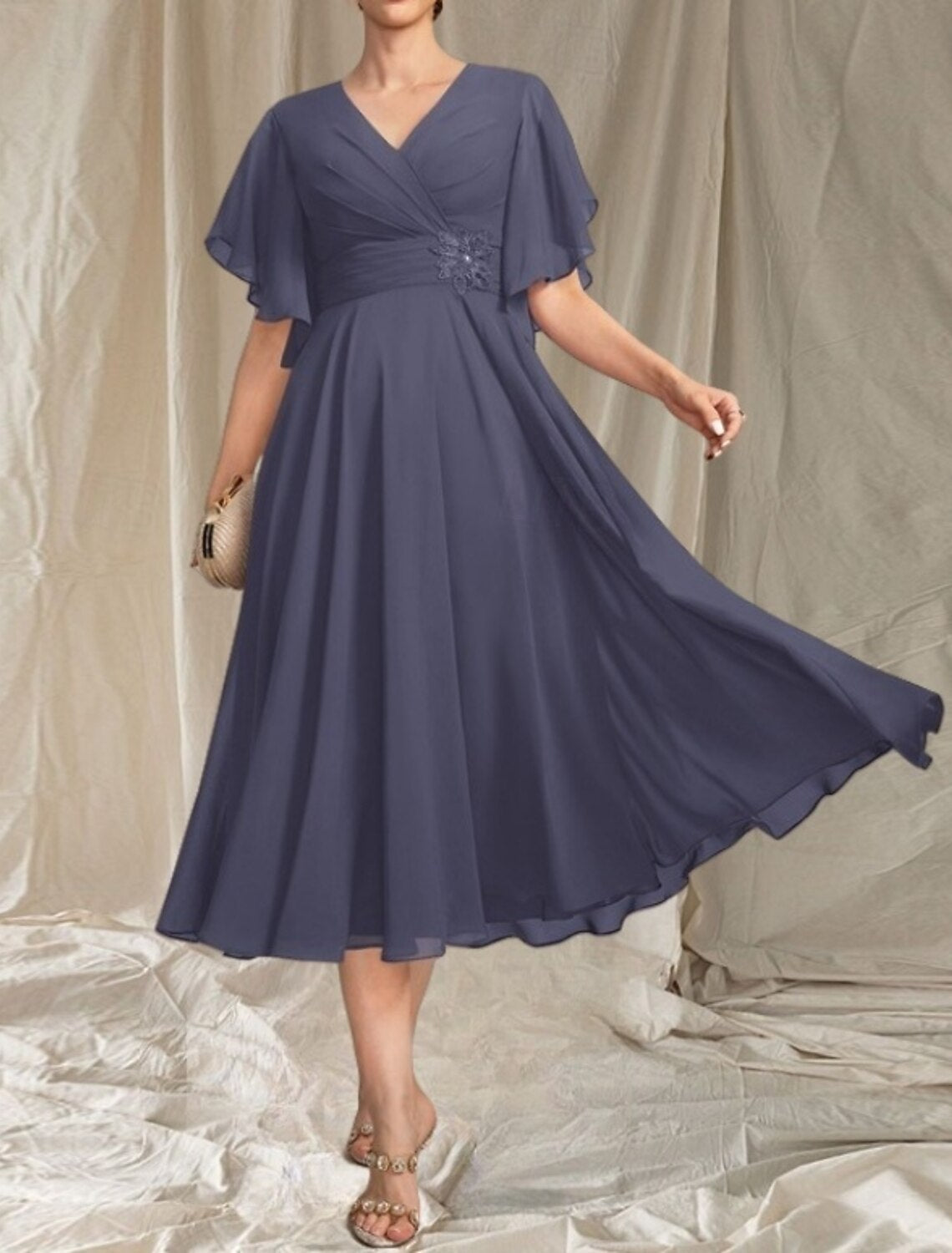 A-Line Mother of the Bride Dress Wedding Guest Elegant V Neck Tea Length Chiffon Short Sleeve with Appliques Ruching Midi Dress