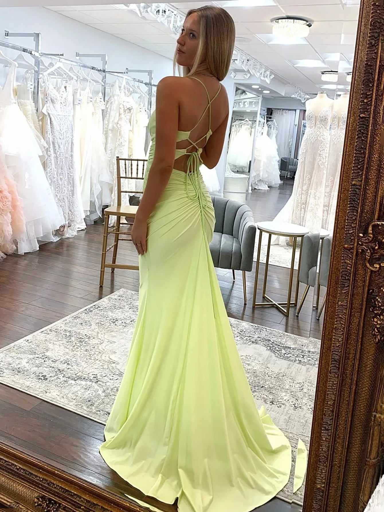 Spaghetti Straps Yellow Sheath Long Prom Dress