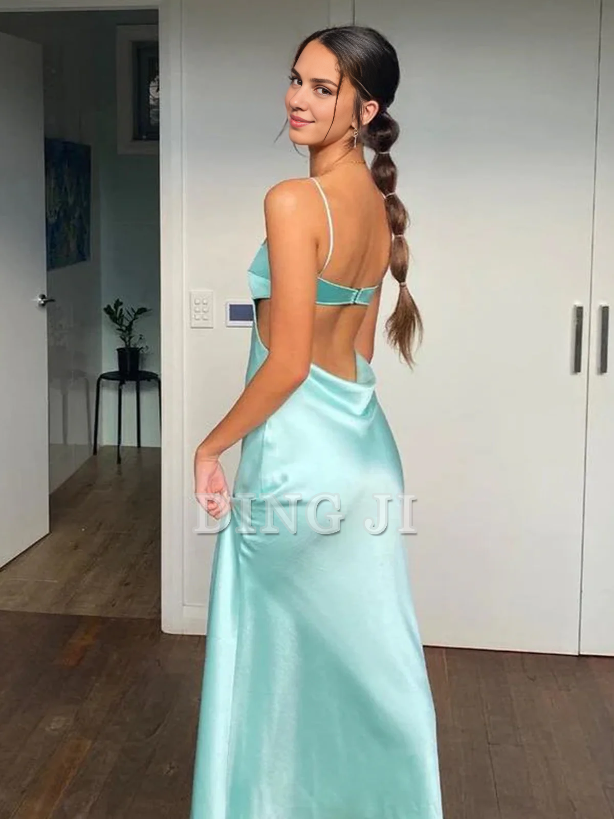 DingJiDress Evening Dress Spaghetti Straps Sheath Prom Dress Satin Party Dress Backless Simple Formal Women's Dresses Wedding Guest Dresses