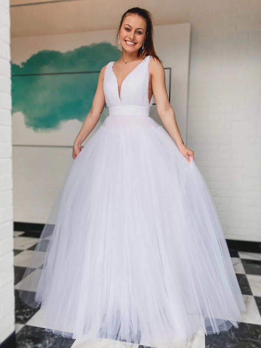 White v neck tulle long prom dress  white tulle formal dress