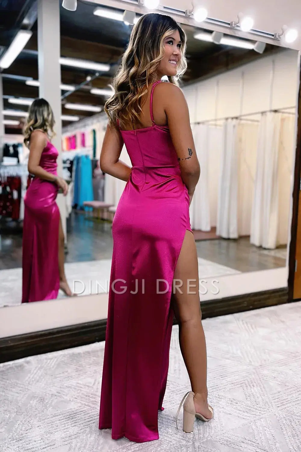 DingJiDress Simple Sheath Sweetheart Spaghetti Straps Side Fork Long Prom Dress