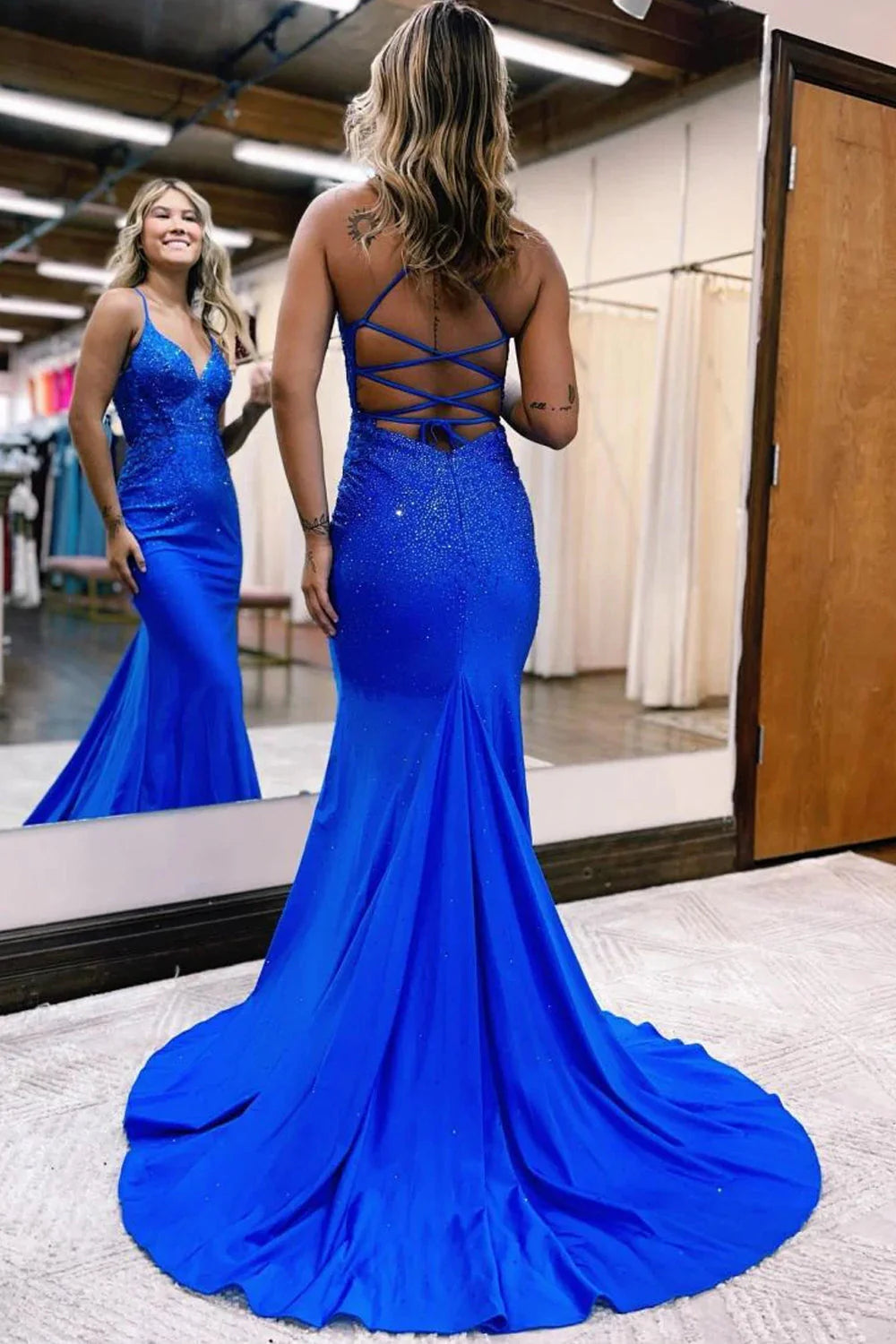 Royal Blue Beaded Long V-neck Ball Dress