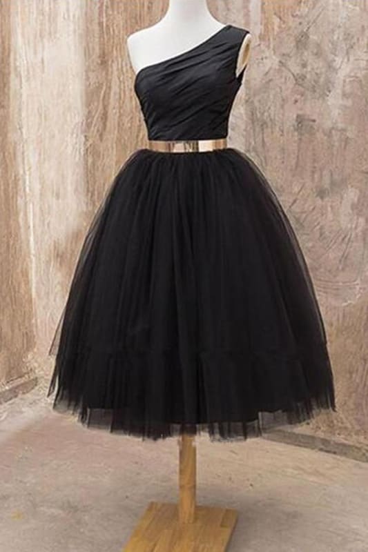 DingJiDress Short Prom Dress A Line One Shoulder Tulle Tea Length Belt Short Elegant Homecoming Dress