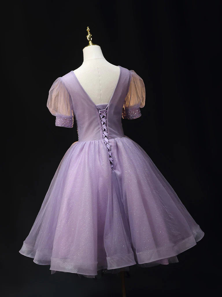 Purple V Neck Tulle Beading Sequin Short Prom Dress  Purple Homecoming Dress