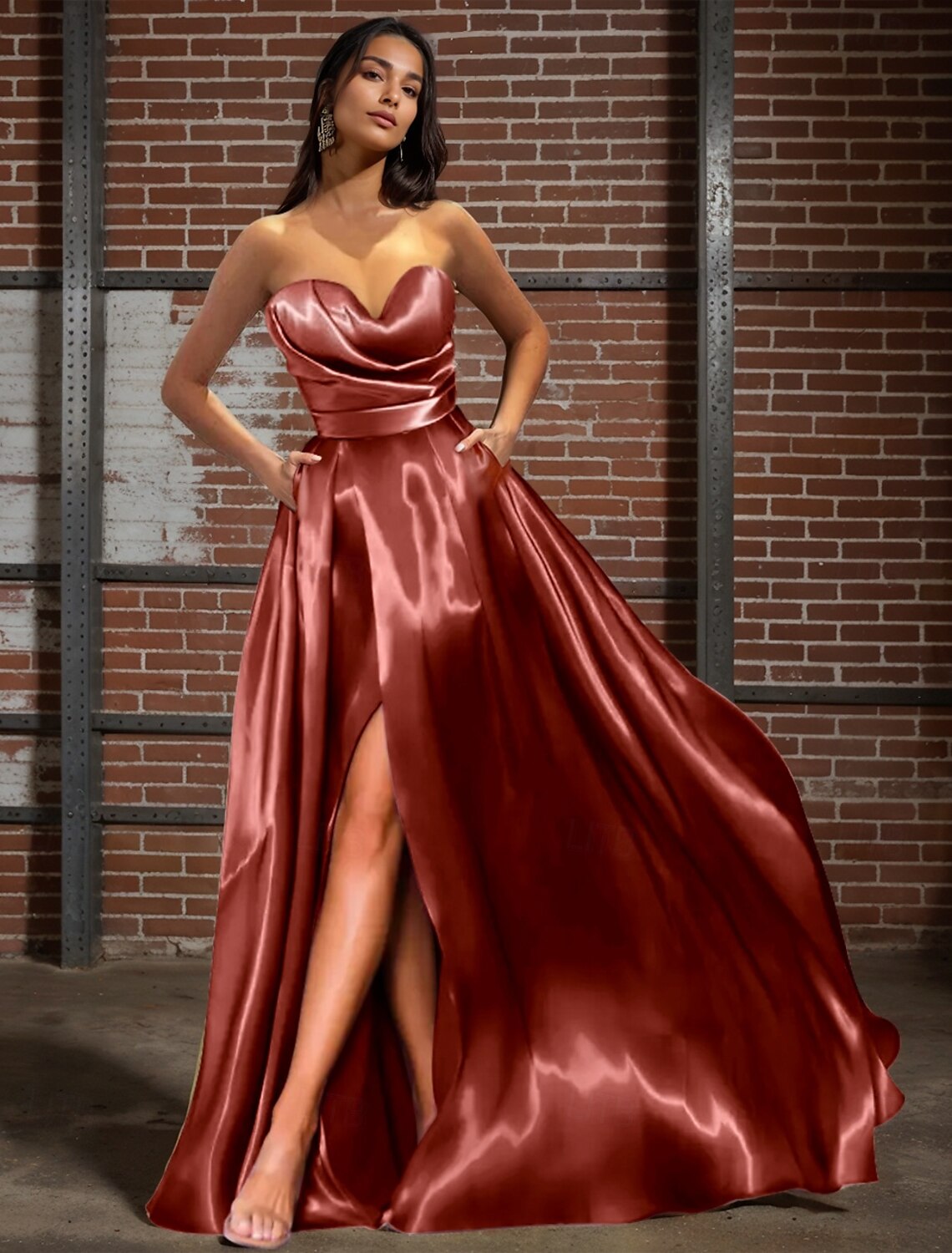 A-Line Evening Gown Celebrity Style Dress Carnival Wedding Reception Floor Length Sleeveless Sweetheart Satin with Ruched Pocket