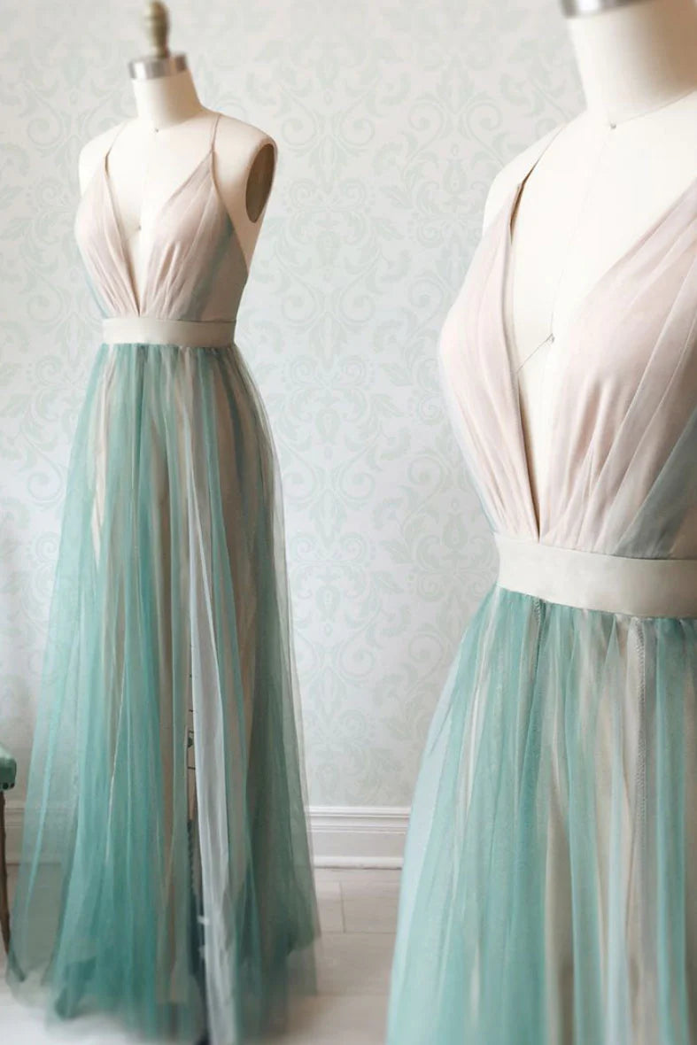 Simple green tulle long prom dress green tulle evening dress