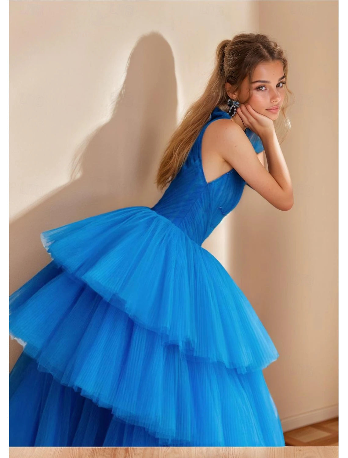 A-Line Prom Tiered Dresses Party Dress Evening Party Cocktail Party Floor Length Sleeveless Halter Neck Polyester with Pleats Beading