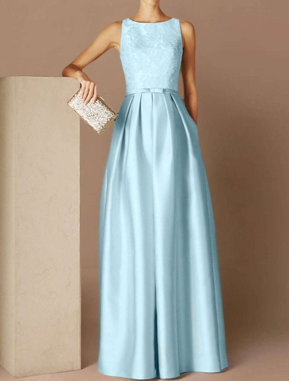 Beach Wedding A-Line Evening Gown Elegant Dress Formal Evening Floor Length Sleeveless Jewel Neck Fall Wedding Guest Satin with Sash / Ribbon Pleats Appliques