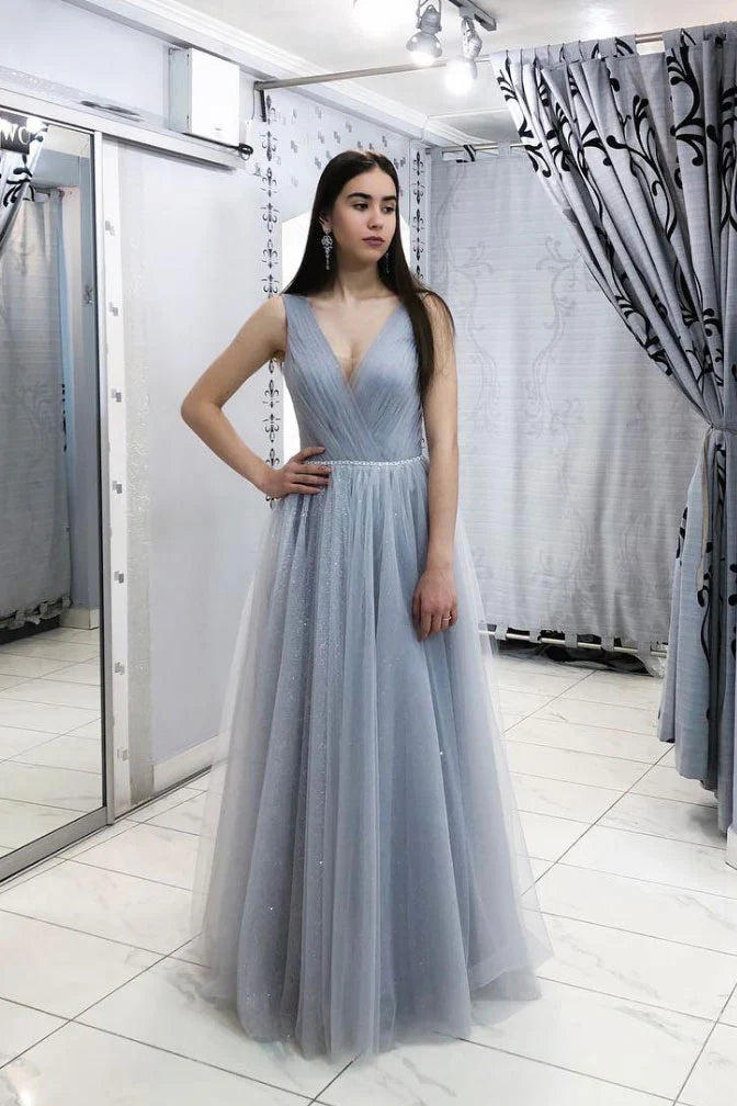 Simple gray v neck tulle long prom dress gray tulle evening dress