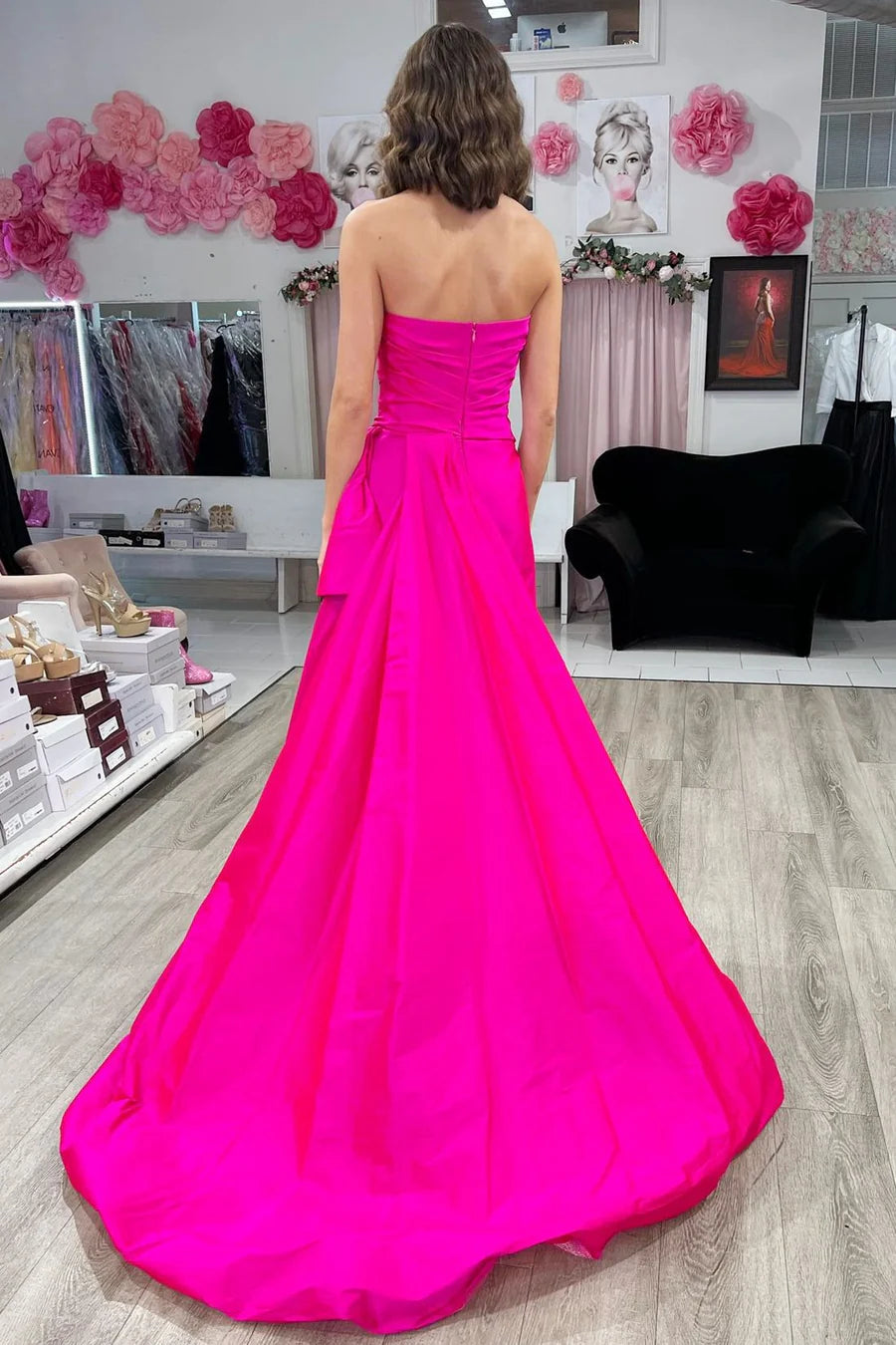Strapless A-Line Empire-Waist Sleeveless Satin Long Prom Dress with Train