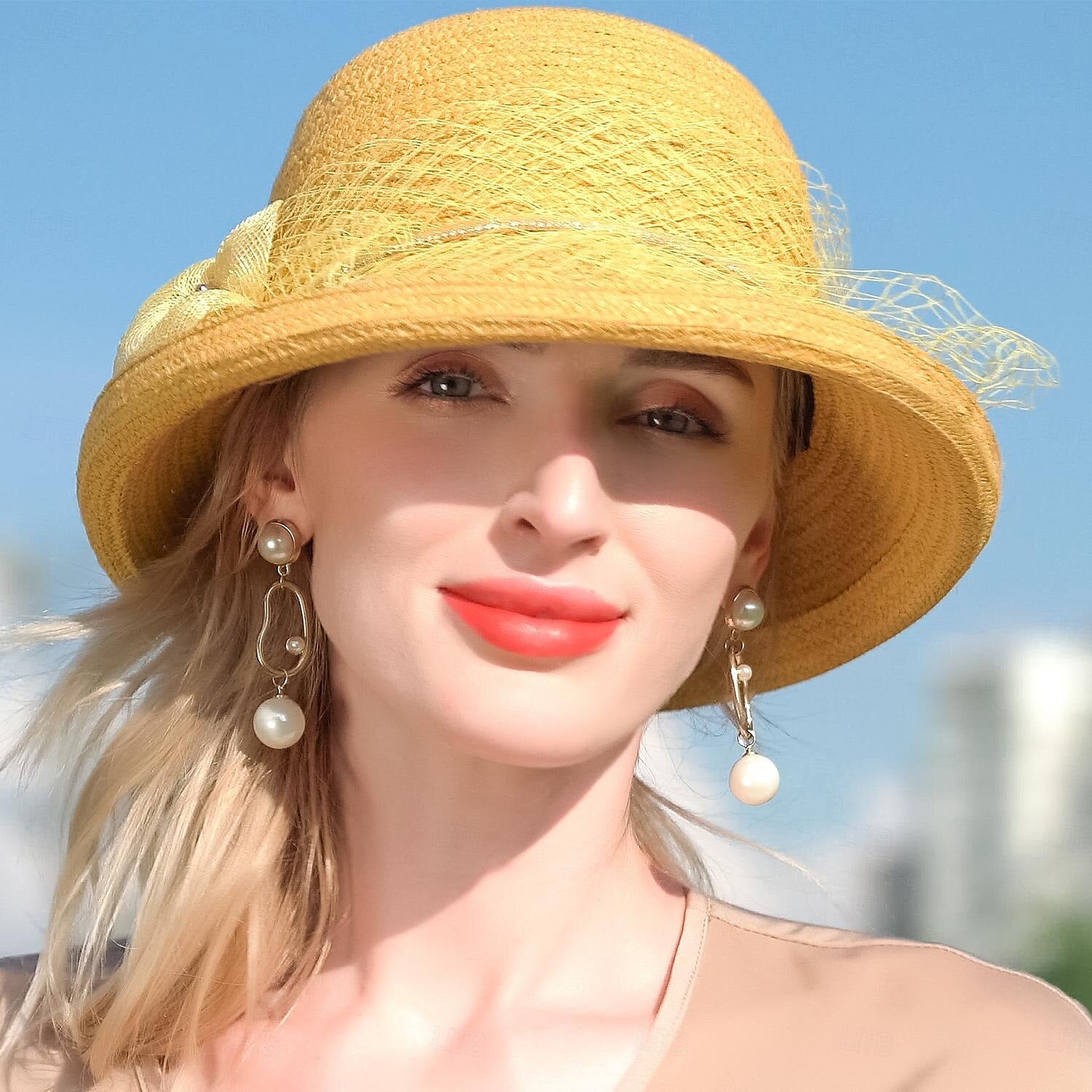DingJiDress Hats Fiber Bucket Hat Floppy Hat Straw Hat Wedding Tea Party Elegant Wedding With Flower