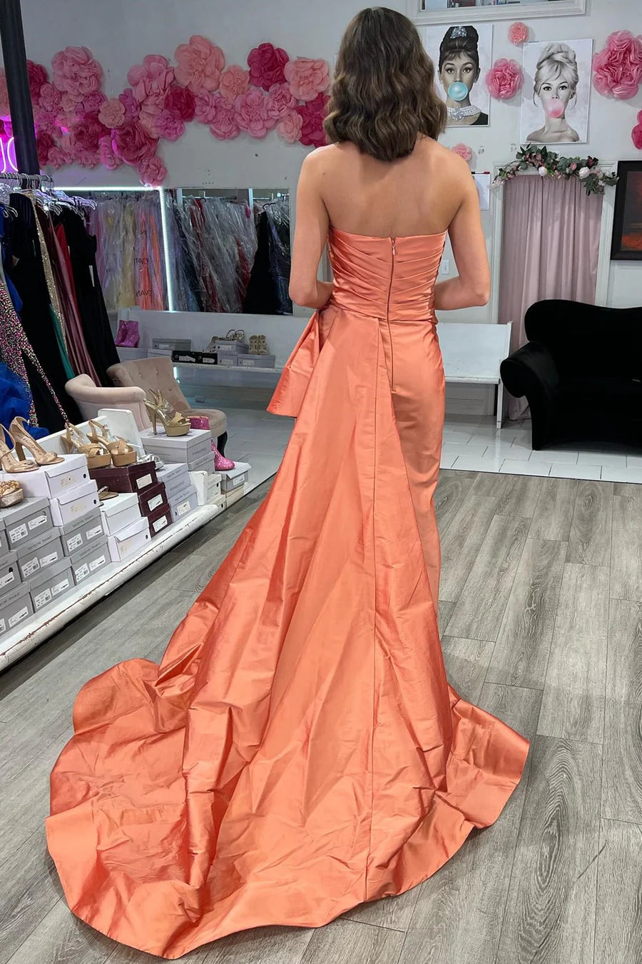 Strapless A-Line Empire-Waist Sleeveless Satin Long Prom Dress with Train