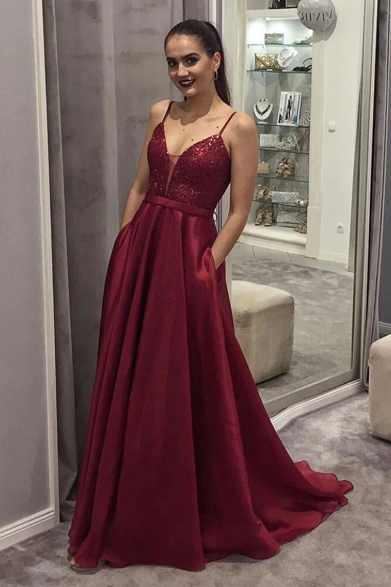 Simple v neck satin sequin long prom dress burgundy evening dress