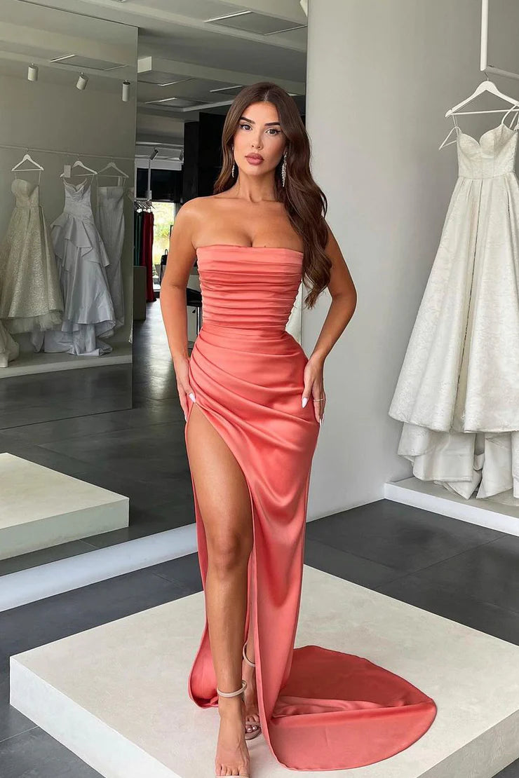 Charming Mermaid Strapless Orange Satin Prom Dresses with Slit