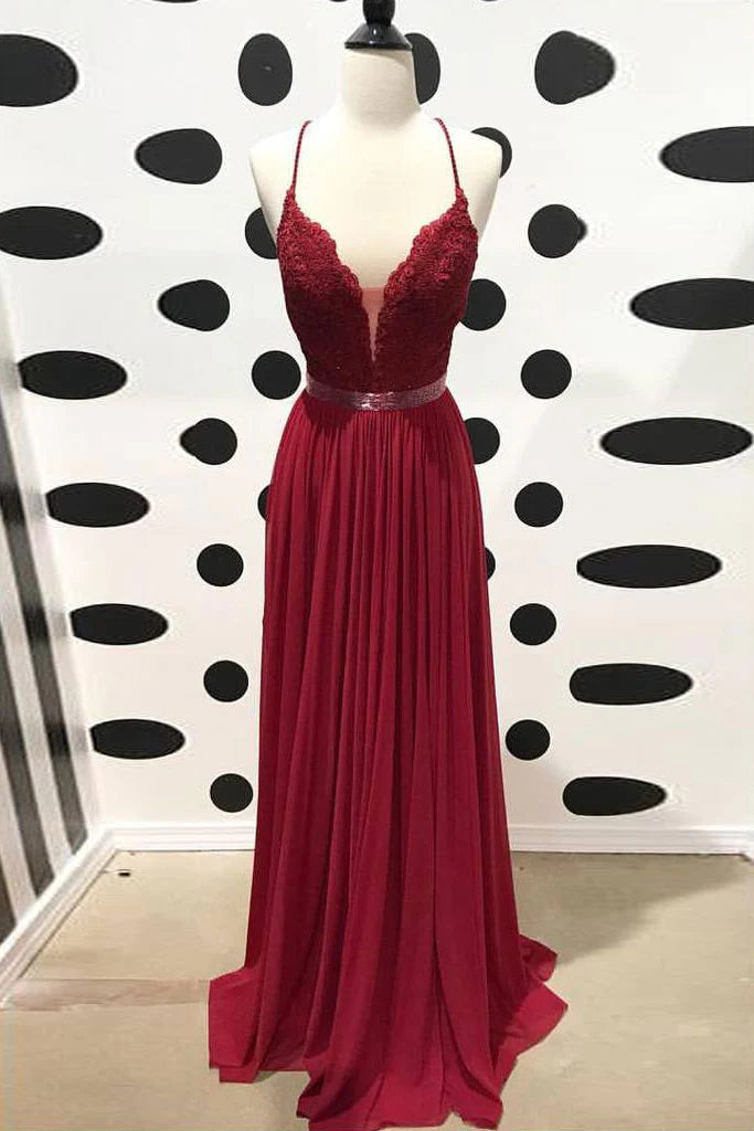 Burgundy v neck lace chiffon long prom dress burgundy bridesmaid dress