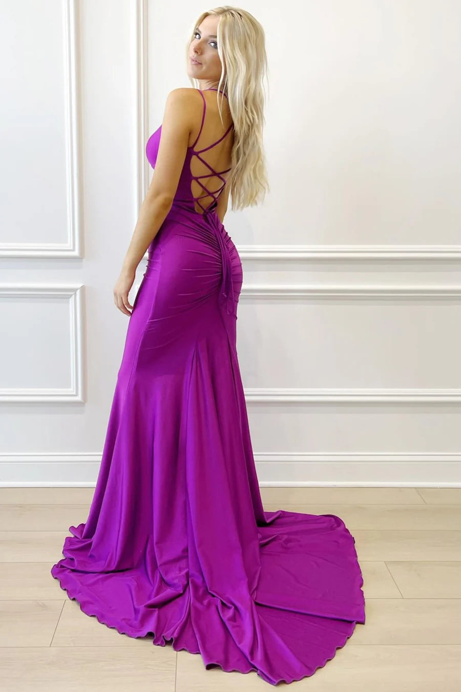 Purple V-Neck Lace-Up Mermaid Long Formal Dress