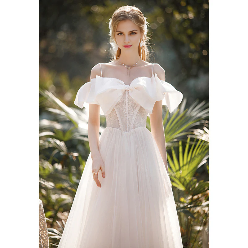 DingJiDress Formal Women's Dresses Spaghetti Strap Bow Neck Long Elegant Fantastic Wedding Dress No veil