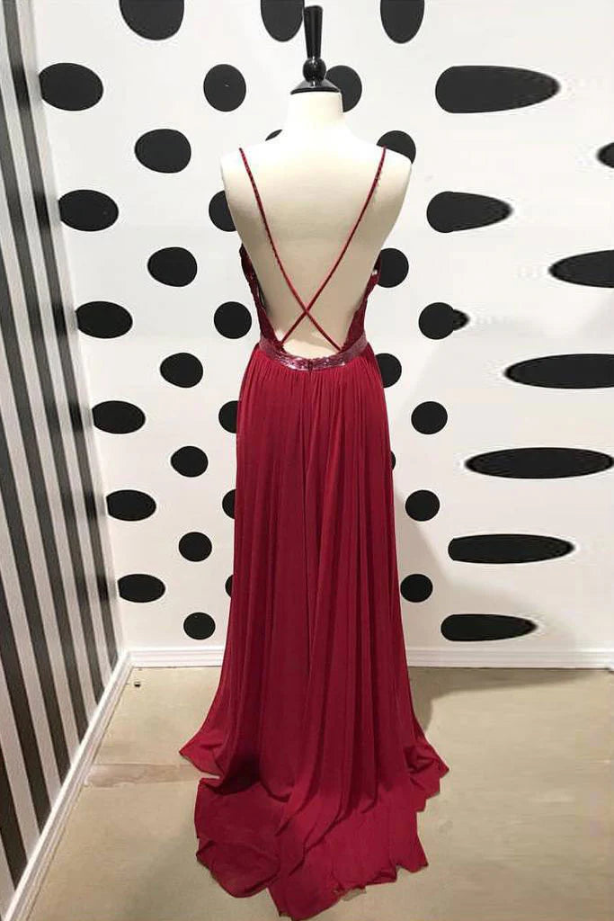 Burgundy v neck lace chiffon long prom dress burgundy bridesmaid dress