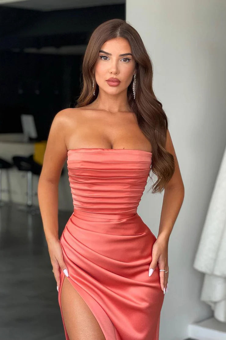 Charming Mermaid Strapless Orange Satin Prom Dresses with Slit