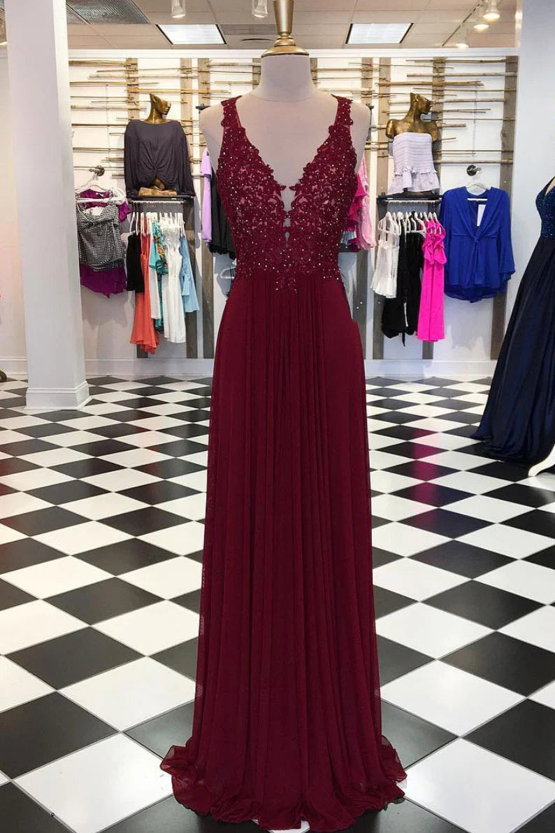 Burgundy v neck chiffon lace long prom dress burgundy evening dress
