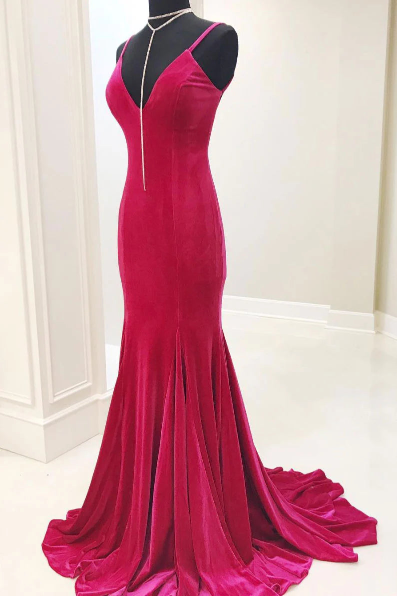 Red v neck mermaid long prom dress red evening dress