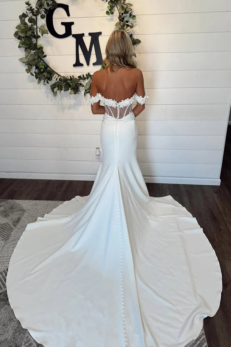 Mermaid Off the Shoulder White Satin Wedding Dresses with Train
