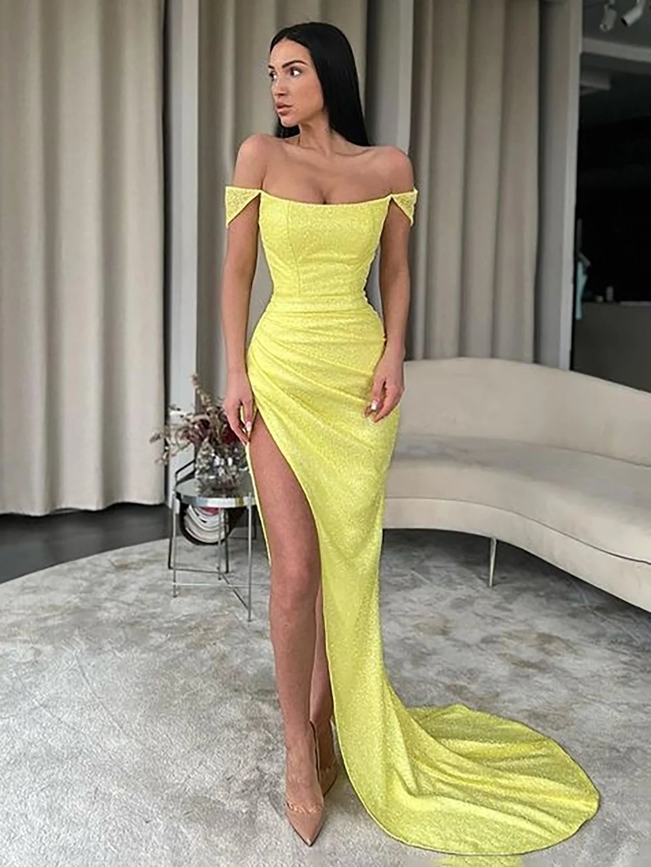 Yellow Off the Shoulder Long Prom Dress With Slit