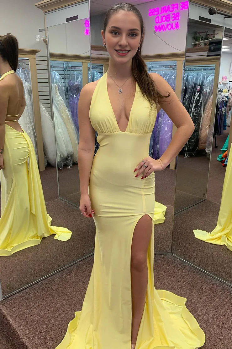 DingJiDress Charming Mermaid Halter Kntting Backless Satin Side Fork Long Fashion Prom Dress