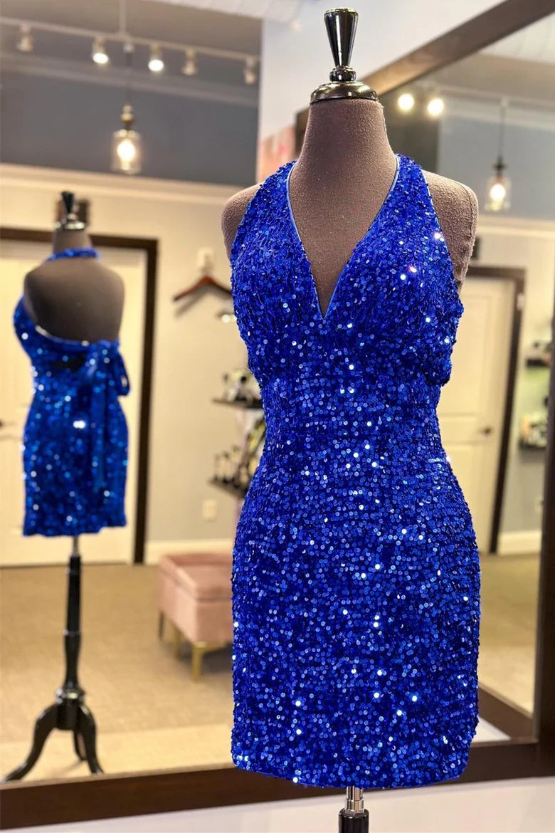 Periwinkle Sequin Halter Tie-Back Short Homecoming Dress
