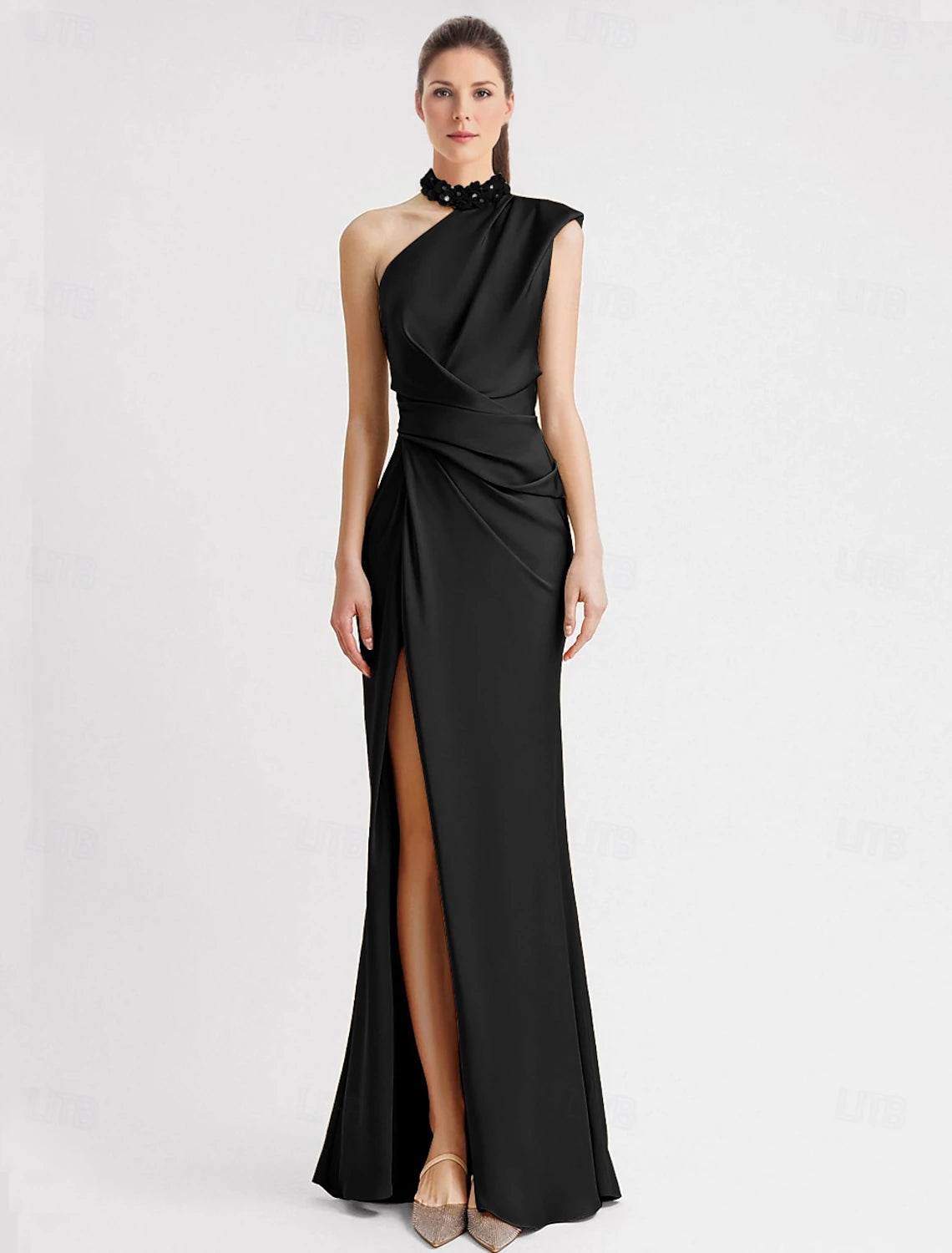 Sheath Evening Gown Elegant Dress Formal Floor Length Sleeveless One Shoulder Pocket Satin with Appliques dress to impress