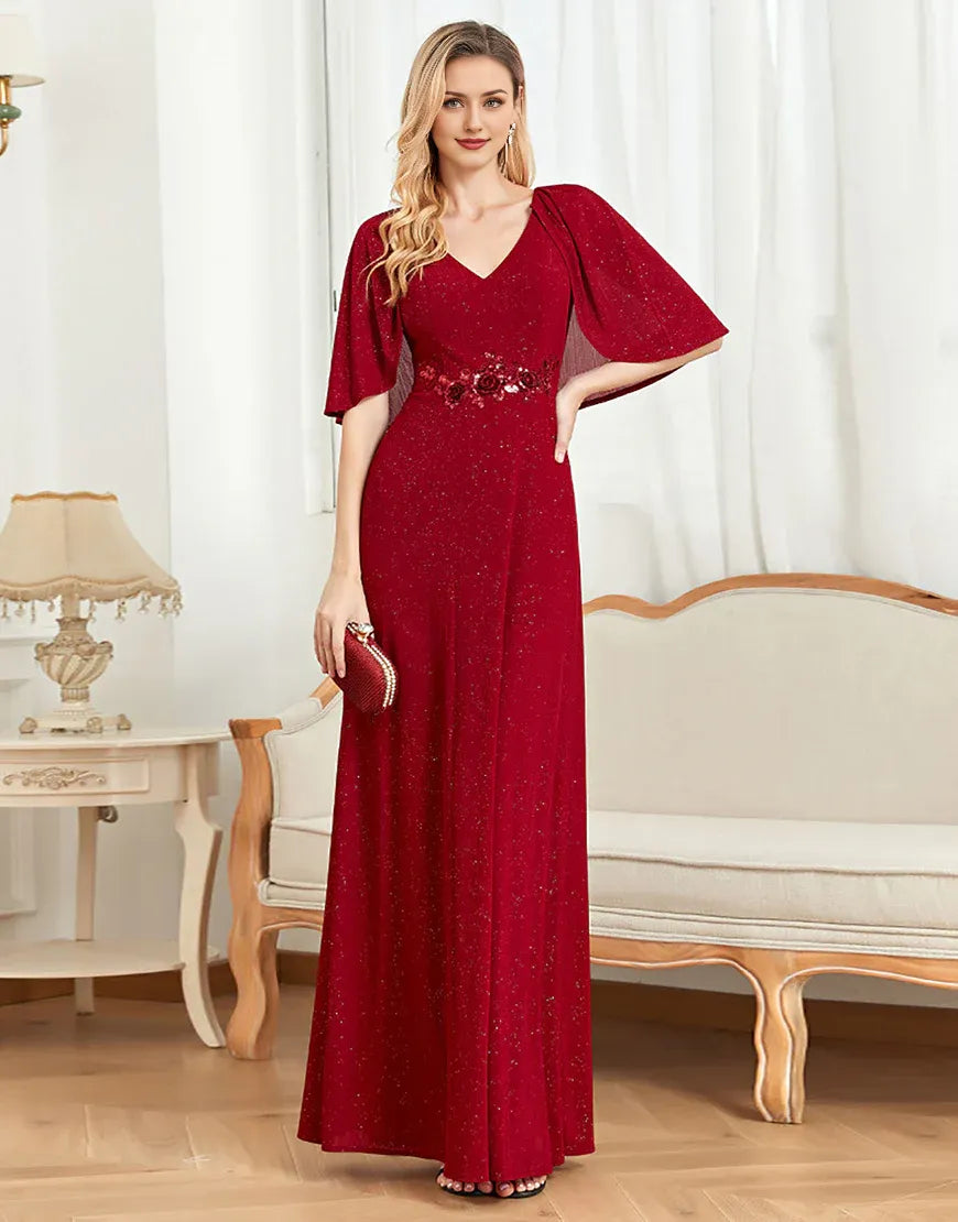 Glitter V-Neck Burgundy Mother of the Bride Dress with Cape ﻿