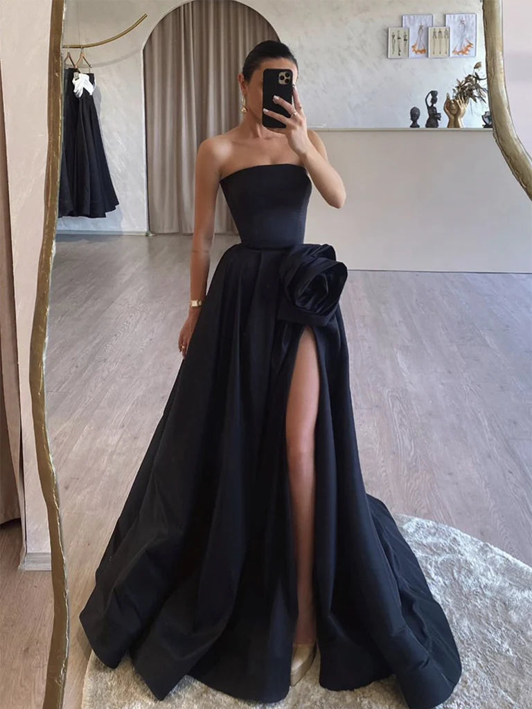 A-Line Satin Black Long Prom Dress  Black Long Formal Dress
