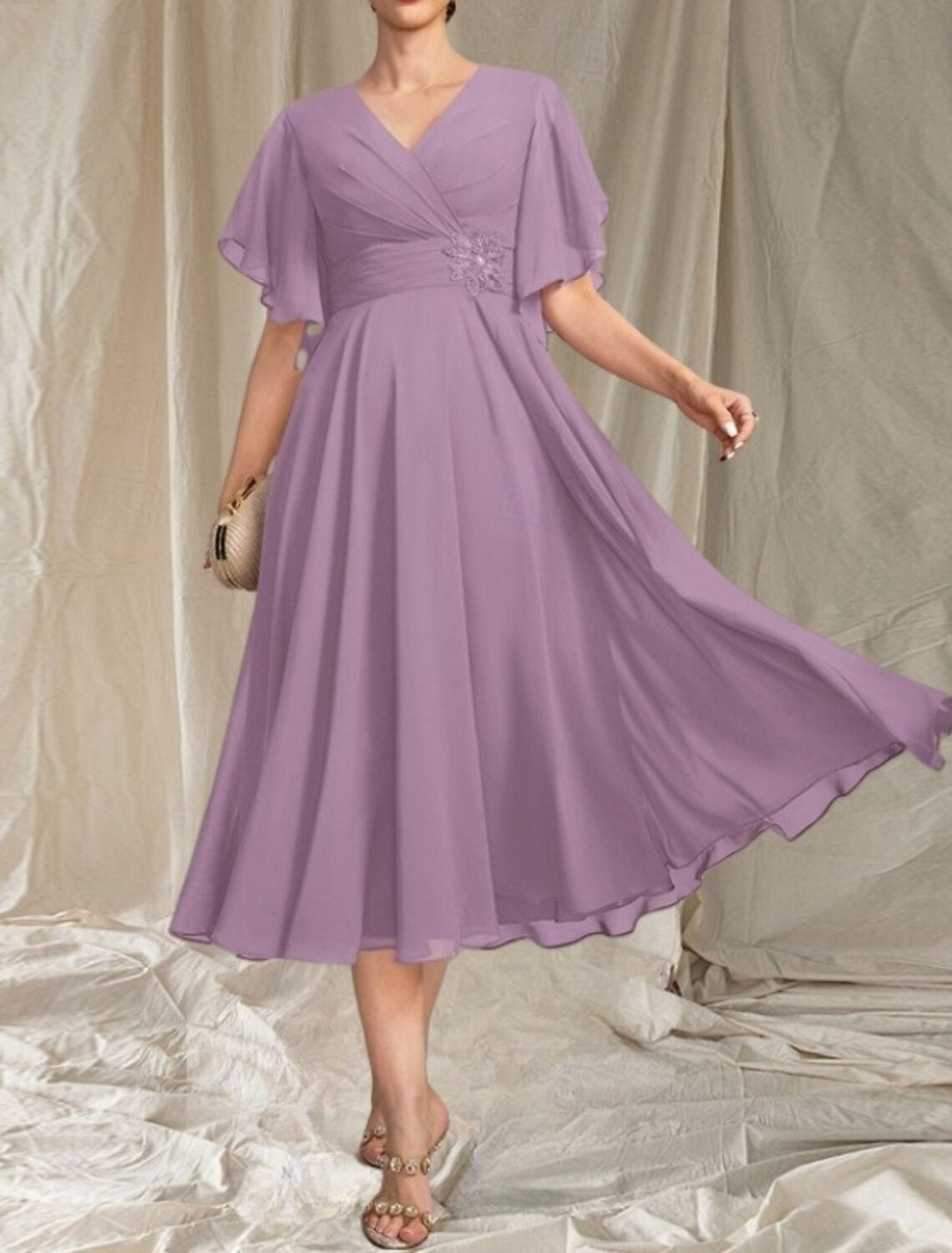 A-Line Mother of the Bride Dress Wedding Guest Elegant V Neck Tea Length Chiffon Short Sleeve with Appliques Ruching Midi Dress