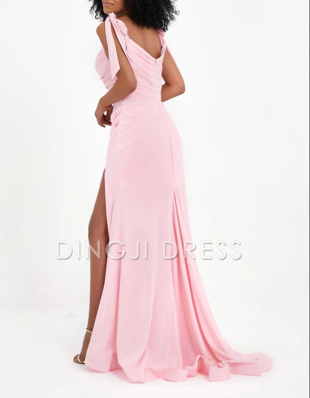 DingJiDress Evening Dress Charming Sheath Square Neckline Pleated Side Slit Sweep Train Simple Formal Dress