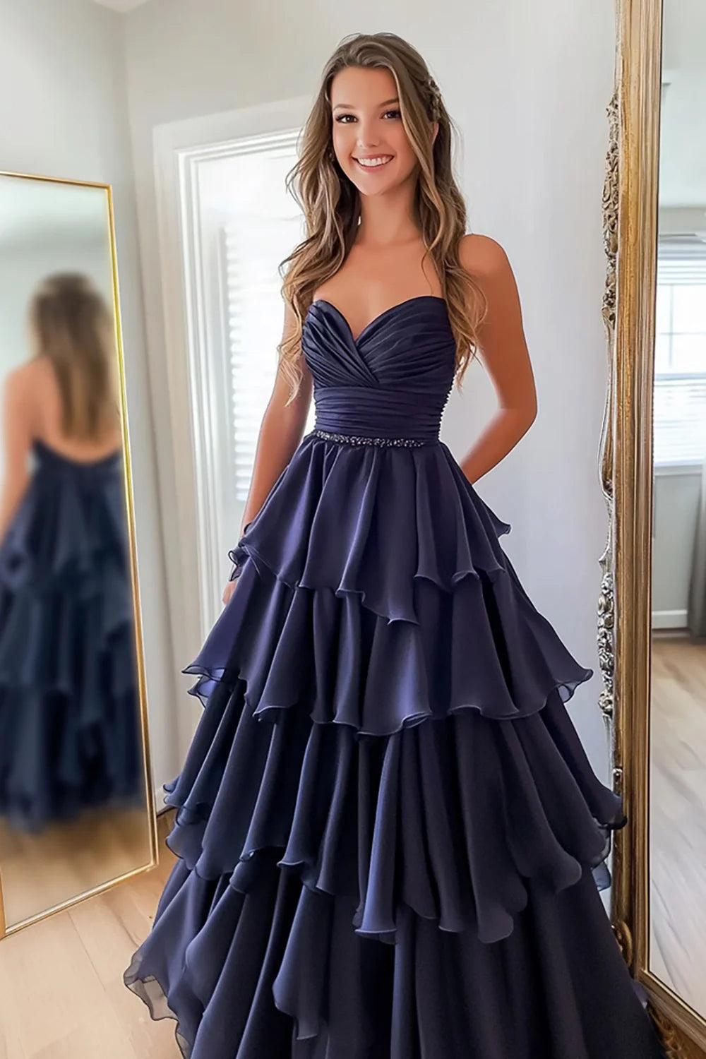 Navy Blue Chiffon A-line Edition Layered Long Ball Dress