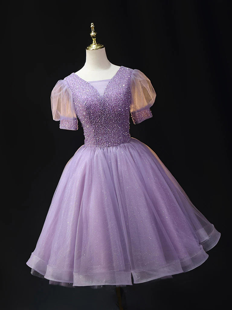 Purple V Neck Tulle Beading Sequin Short Prom Dress  Purple Homecoming Dress