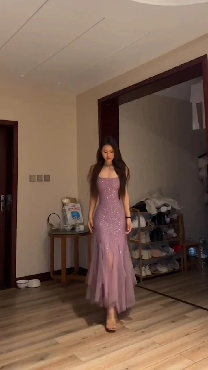 Spaghetti straps sequins tulle elegant party prom formal evening dress