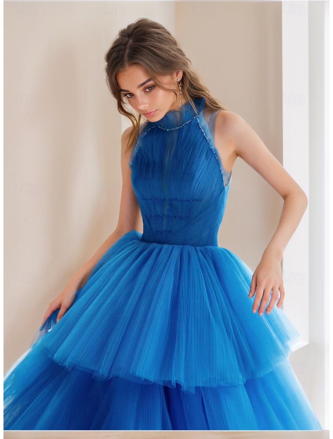 A-Line Prom Tiered Dresses Party Dress Evening Party Cocktail Party Floor Length Sleeveless Halter Neck Polyester with Pleats Beading