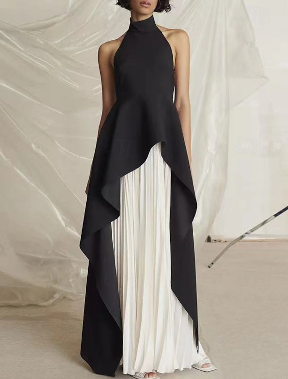 A-Line Evening Gown Black Dress Dress Evening Party Black Tie Gala Floor Length Sleeveless Stand Collar Wednesday Addams Family Chiffon Backless with Pleats Slit