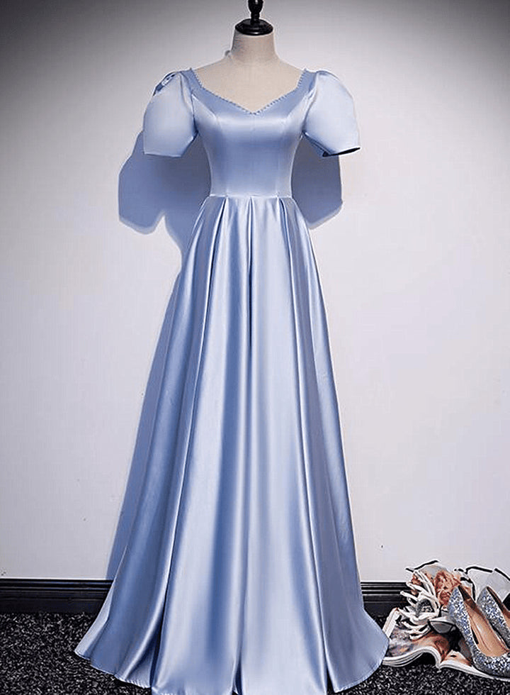 Unique Blue Satin Short Sleeves Long Evening DressBlue Party Dress Bridesmaid Dress