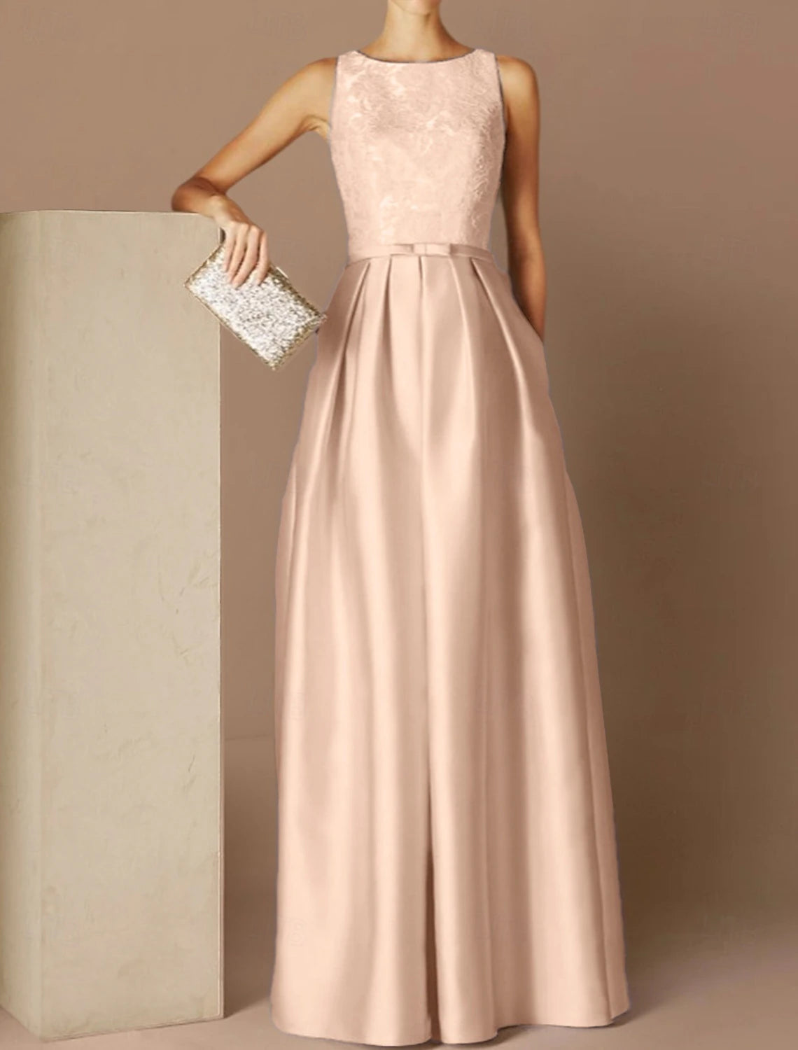 Beach Wedding A-Line Evening Gown Elegant Dress Formal Evening Floor Length Sleeveless Jewel Neck Fall Wedding Guest Satin with Sash / Ribbon Pleats Appliques