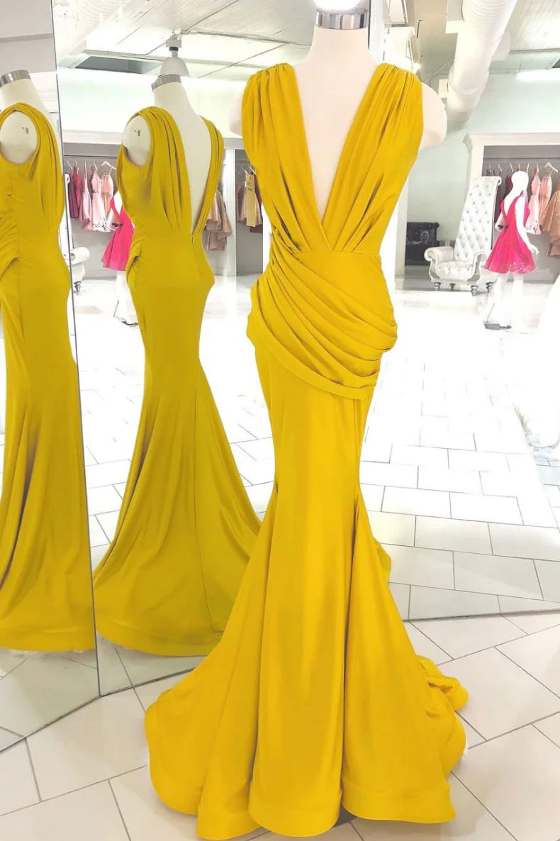 Yellow v neck long prom dress yellow evening dress