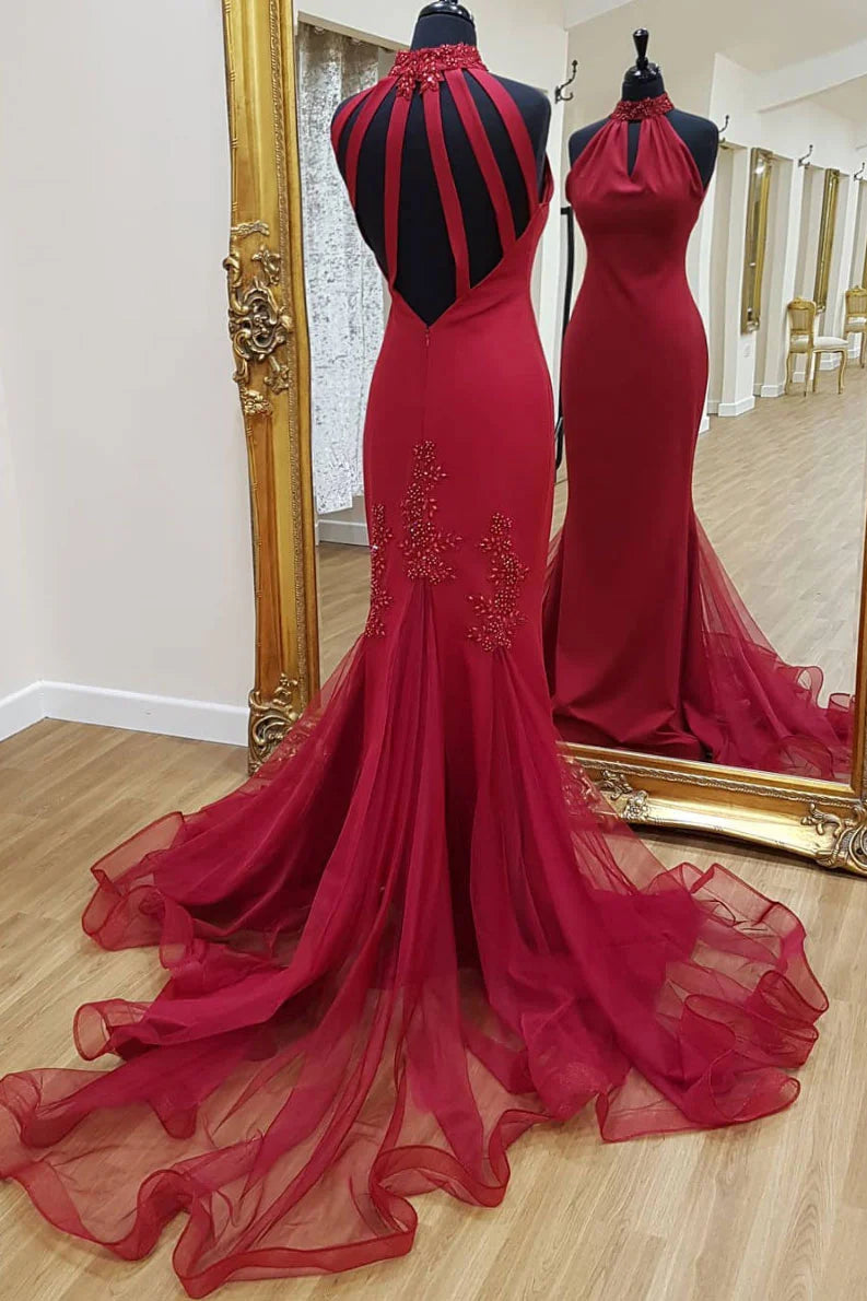Unique high neck lace mermaid long prom dress evening dress