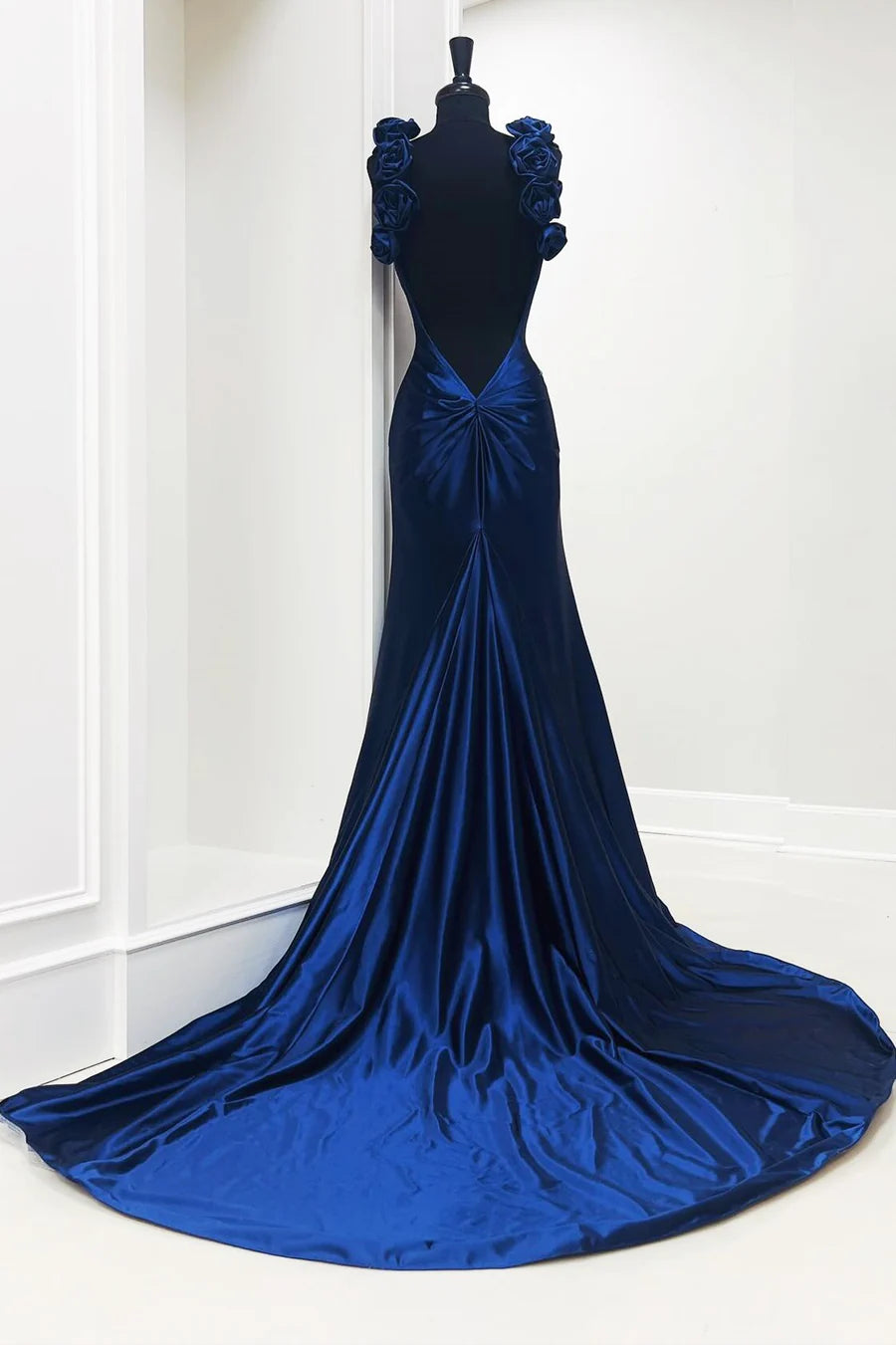 Rosette Plunge V Backless Mermaid Long Gown